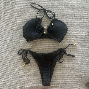 SHEIN Black and Gold Bikini Set with Adjustable Ties